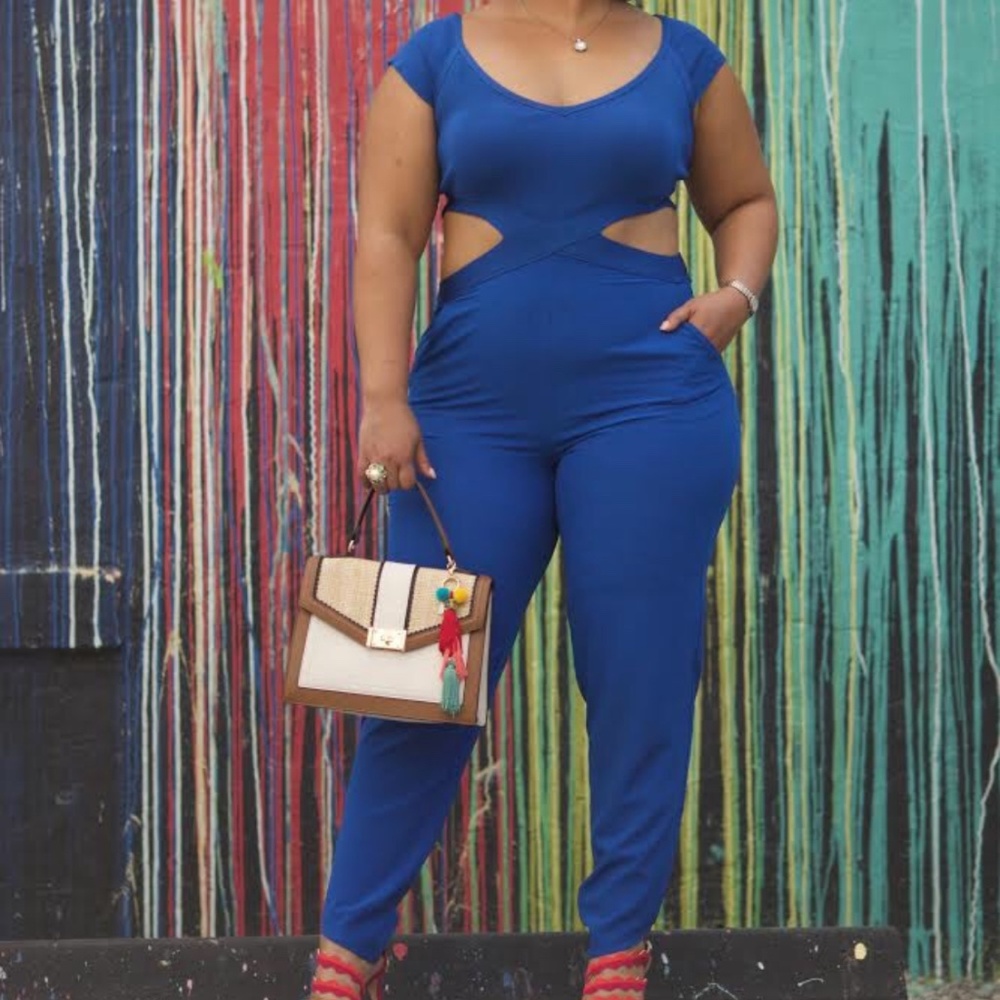 Bebe Blue Jumpsuit with waist cut outs